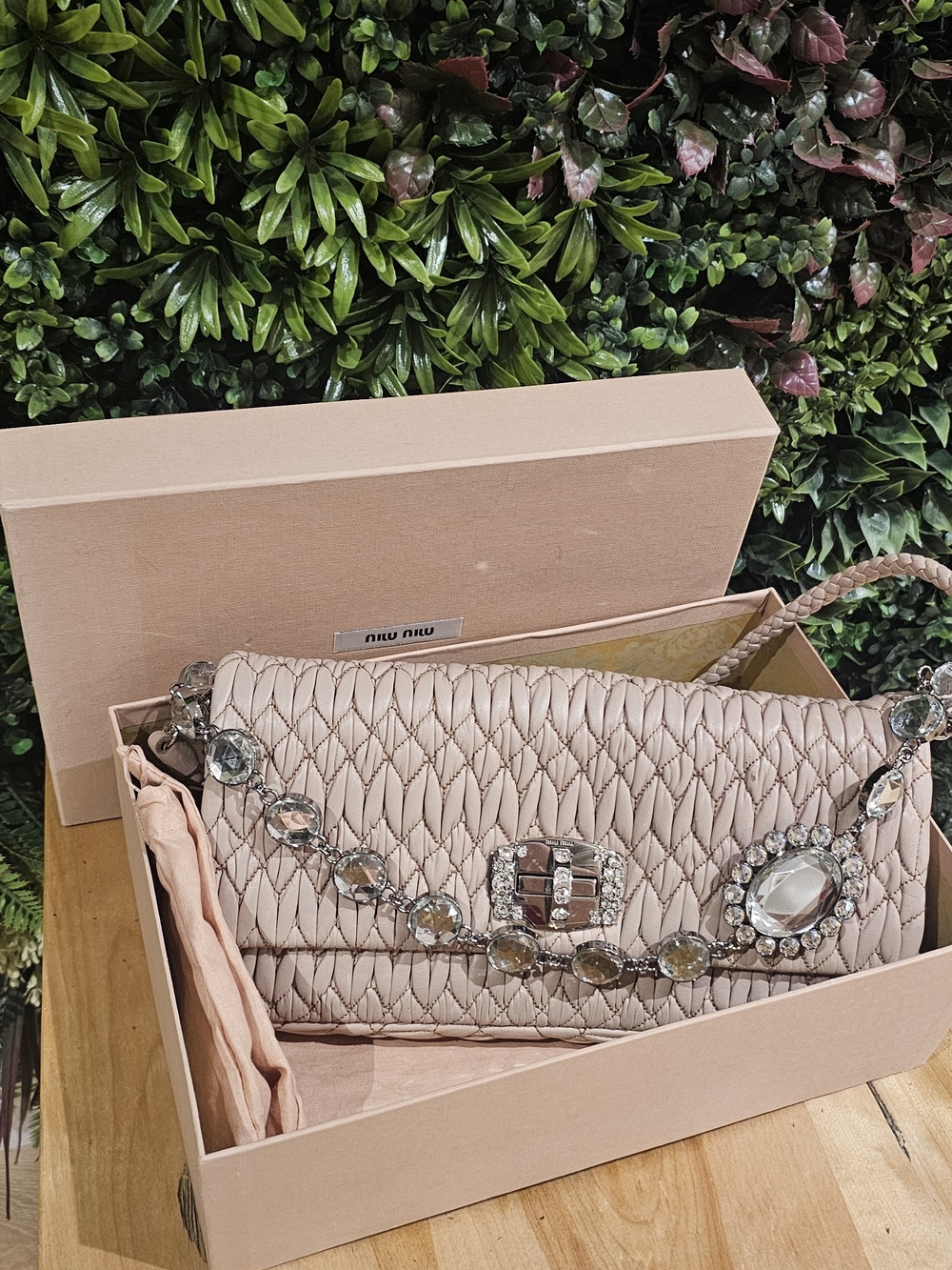 Miu Miu Blush Quilted Shoulder Bag with Crystal Strap